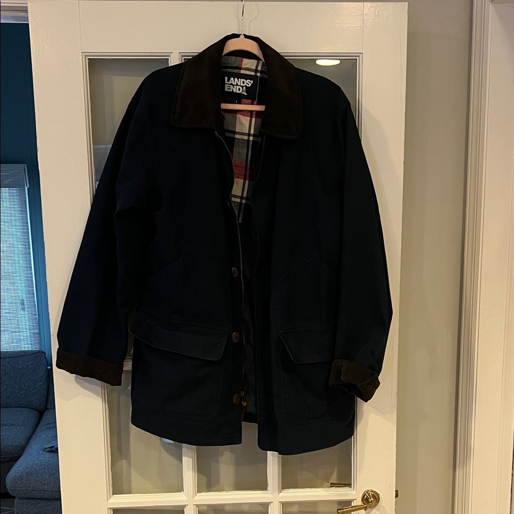 Lands' End Men's Navy Barn Coat with Brown Accents